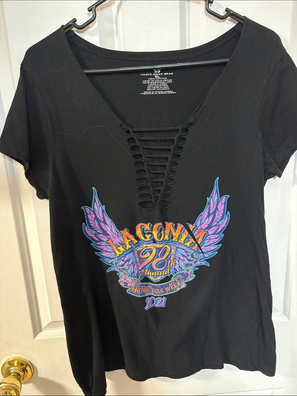 Black Lace-Up V-Neck Graphic Tee